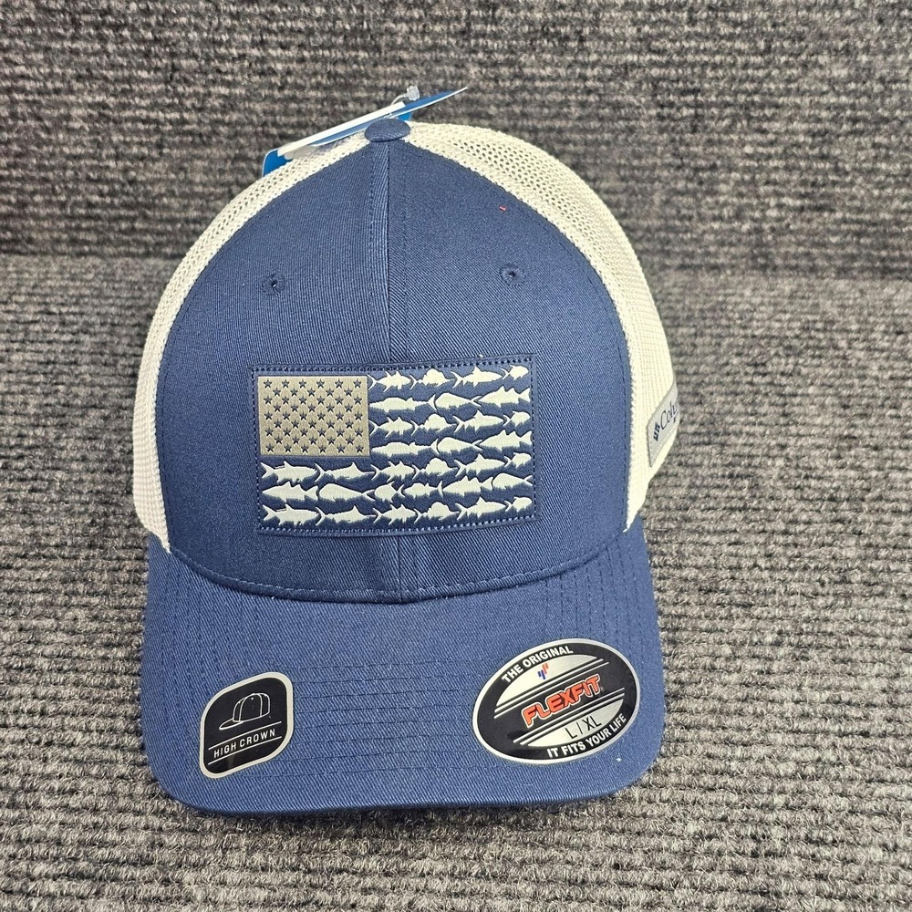 Columbia PFG Hat Mens Large Blue Fish Flag Flexfit Mesh Baseball Cap High
